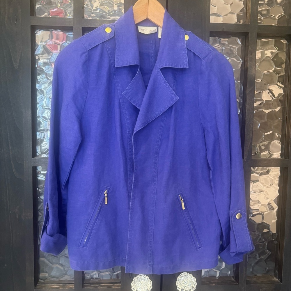 Chico's Linen Purple Blue Open Moto Jacket Blazer Minimalist lightweight small 0